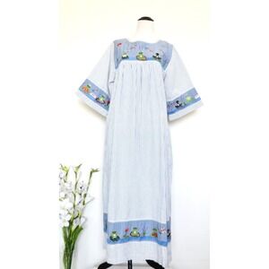Vintage The Quacker Factory Striped Embroidered Frog Maxi Dress Blue SZ M